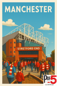 Vintage travel poster of Manchester’s Old Trafford stadium showing fans walking toward the Stretford End under a bright blue sky.