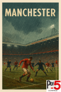 Vintage travel poster of Manchester featuring a rainy football match at Old Trafford, with a Manchester United player dribbling near the corner flag under stadium floodlights.