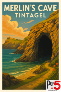 Vintage-style illustration of Merlin’s Cave at Tintagel, showing dramatic cliffs, turquoise waves, and the coastal path in warm evening light.