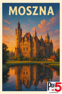 Vintage travel poster of Moszna Castle at sunset with warm golden light, tall spires, historic palace architecture, and the castle reflecting in a calm lake.