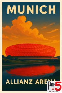 Vintage-style illustration of Munich’s Allianz Arena glowing bright red at sunset, with dramatic orange clouds above and a reflective lake in the foreground.