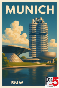Vintage-style travel poster of Munich featuring the BMW Headquarters Four-Cylinder Tower, BMW Museum bowl building, and BMW Welt pavilion under a bright blue sky.
