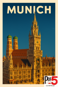 Vintage-style Munich travel poster featuring the New Town Hall (Neues Rathaus) tower and the twin domes of the Frauenkirche glowing in warm sunset light against a deep blue sky.