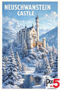 Winter illustration of Neuschwanstein Castle in Bavaria, surrounded by snowy pine trees, mountains, and a frozen river under falling snow.