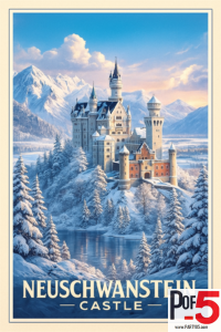 Vintage winter poster of Neuschwanstein Castle surrounded by snowy Bavarian mountains and pine trees with a frozen lake below.