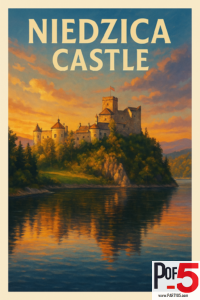 Vintage-style sunset illustration of Niedzica Castle in Poland, perched above a lake with golden reflections and forested hills.