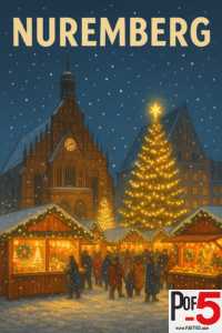 Vintage poster of Nuremberg Christmas Market with snowy stalls, glowing lights, a large Christmas tree, and the Frauenkirche in the background.