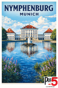 Vintage travel poster of Nymphenburg Palace in Munich with bright blue skies, central fountain, reflecting pond, and colorful flowers in the foreground.