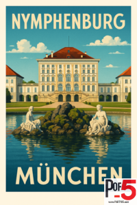 Vintage-style travel poster of Nymphenburg Palace in Munich, featuring the grand baroque façade, red rooftops, blue sky, reflective lake, and two marble statues seated on rocks in the foreground.