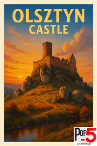 Vintage-style travel poster of Olsztyn Castle in Poland, showing the medieval ruins atop a rocky hill at golden sunset with warm light, dramatic clouds, and a reflective river below.