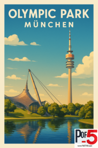 Vintage travel poster of Olympic Park in Munich featuring the Olympiaturm tower, modern pavilion roof, reflective lake, and sunny blue sky.