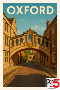 Vintage travel poster of Oxford’s Bridge of Sighs with warm golden light over the quiet historic street.