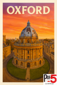 Vintage travel poster of Oxford’s Radcliffe Camera at sunset, with warm golden light over historic university buildings in a classic illustrated style.
