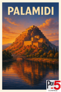 Vintage travel poster of Palamidi Fortress in Nafplio, Greece, shown at golden-hour sunset on a rocky hilltop overlooking calm reflective water.