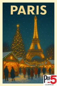 Paris Christmas market at night with glowing wooden stalls, a large illuminated Christmas tree, falling snow, and the Eiffel Tower lit golden in the background.