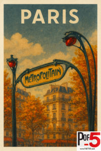 Vintage Paris poster featuring the Art Nouveau Métropolitain entrance, red lamps, Haussmann buildings, and autumn trees in warm golden colors.