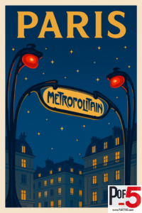 Vintage-style Paris Metropolitain poster showing Art Nouveau metro entrance at night with glowing lamps, starry sky, and classic Parisian buildings.