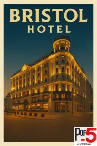 Vintage-style travel poster of the illuminated Bristol Hotel in Warsaw at dusk, featuring its grand historic architecture and warm golden lighting.