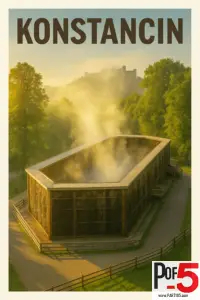 Vintage-style poster of the Konstancin graduation tower surrounded by morning mist and green trees, with warm sunrise light illuminating the wooden structure.