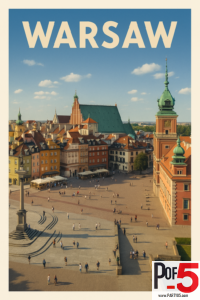 Vintage travel poster showing Warsaw’s Castle Square with colorful Old Town buildings, the Royal Castle tower, and people walking in the sunny plaza.