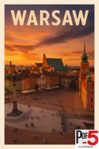 Vintage-style travel poster of Warsaw Old Town at sunset, showing Castle Square, colorful historic buildings, Sigismund’s Column, and the Royal Castle beneath a glowing orange sky.