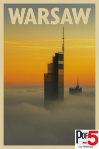 Vintage-style travel poster of Warsaw featuring a modern skyscraper rising above fog at sunrise with warm orange and yellow sky.