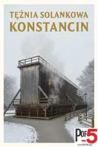 Vintage travel poster of the Tężnia Solankowa brine tower in Konstancin, Poland, surrounded by snow and winter trees with steam rising from the structure.