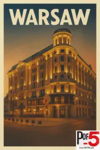 Vintage-style travel poster of Warsaw showing the illuminated Hotel Bristol at dusk with warm golden lights and classic European architecture.