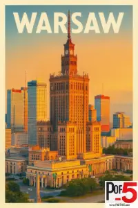Vintage-style travel poster of Warsaw showing the Palace of Culture and Science at sunset with warm golden light and modern city skyscrapers in the background.