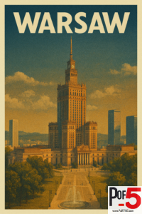 Vintage travel poster of Warsaw showing the Palace of Culture and Science at sunset with retro colors and a tree-lined boulevard in the foreground.
