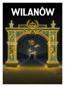 Nighttime winter scene of Wilanów Park in Warsaw featuring a glowing golden light arch and illuminated tunnel decorations over a snow-covered path.
