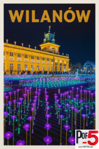 Night view of Wilanów Palace in Warsaw with colorful illuminated garden lights, glowing purple and green flowers, and the palace facade lit in warm yellow tones.