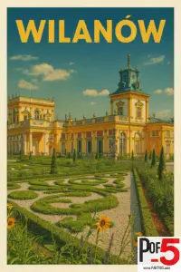 Vintage travel poster of Wilanów Palace in Warsaw, showing the elegant yellow Baroque palace, manicured royal gardens, sculpted hedges, and a bright summer sky.