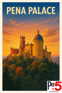 Vintage-style travel poster of Pena Palace in Sintra, Portugal, showing the colorful hilltop palace glowing at sunset above lush forested hills.