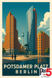 Vintage travel poster of Potsdamer Platz in Berlin featuring modern skyscrapers, the iconic clock tower, and the Fernsehturm in the background.