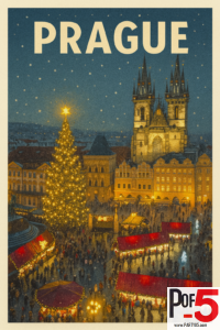 Vintage travel poster of Prague’s Old Town Square Christmas Market with snowy skies, glowing red stalls, a tall lit Christmas tree, and the Týn Church in the background.
