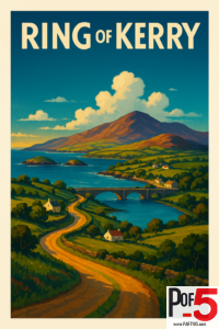 Vintage travel poster of the Ring of Kerry in Ireland with green rolling hills, coastal cliffs, cottages, a winding road, and a stone bridge under a bright blue sky.