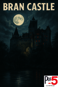 Vintage-style travel poster of Bran Castle in Transylvania, Romania, illuminated by moonlight at night with a full moon and glowing windows, evoking Dracula’s Castle.
