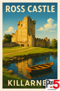 Vintage travel poster of Ross Castle in Killarney, Ireland, with bright blue sky, warm sunlight, stone castle walls, and a wooden rowboat reflecting on a calm lakeshore.