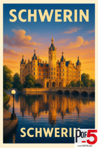 Vintage travel poster of Schwerin Castle at sunset, reflected in the lake with warm golden light and historic palace architecture.