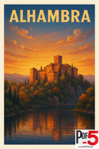 Vintage-style poster of the Alhambra in Granada at sunset, with warm orange sky, historic fortress towers, cypress trees, and reflections on the river below.