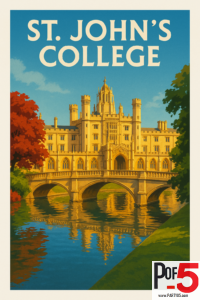 Vintage travel poster of St. John’s College in Cambridge featuring the iconic Bridge of Sighs, autumn trees, golden sunlight, and reflections in the River Cam.