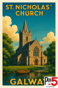 Vintage-style travel poster of St. Nicholas’ Church in Galway, Ireland, featuring a stone Gothic church lit by warm sunlight, surrounded by trees and a small river with a wooden boat.