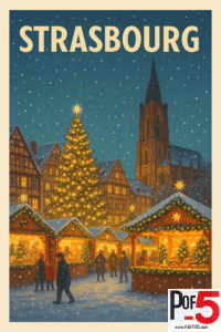 Vintage travel poster of Strasbourg Christmas Market with snowy Alsace half-timbered houses, glowing market stalls, and a large Christmas tree at night.