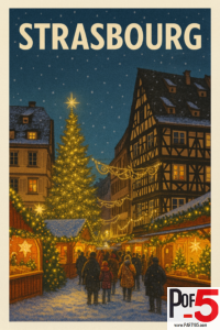 Vintage Strasbourg Christmas Market travel poster with snowy streets, glowing Christmas tree, holiday lights, and timber-frame houses – Party of 5 wall art print