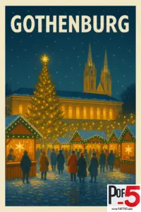 Vintage-style poster of the Gothenburg Christmas market with glowing wooden stalls, a large decorated Christmas tree, falling snow, and cathedral towers in the background.