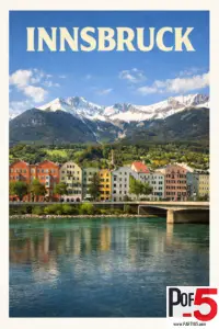Vintage-style Innsbruck travel poster featuring colorful riverside houses, a stone bridge, turquoise river reflections, and snow-capped Alpine mountains in the background.