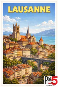 Vintage-style travel poster of Lausanne, Switzerland, featuring the Lausanne Cathedral, old town rooftops, a historic bridge, and Lake Geneva with the Alps in the background.