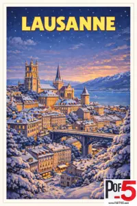 Vintage winter poster of Lausanne showing Lausanne Cathedral, snow-covered old town, Montbenon bridge, Lake Geneva, and the snowy Swiss Alps at dusk.