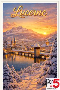 Vintage winter poster of Lucerne showing Chapel Bridge and Water Tower at sunset, snowy Swiss Alps, glowing orange sky, and snow-covered trees overlooking the lake.